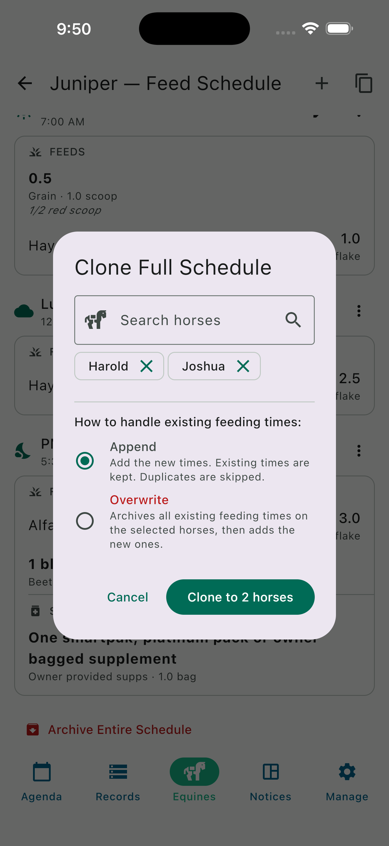 HayNet Clone Full Schedule dialog showing horse selection (Harold and Joshua) and Append or Overwrite options for handling existing feeding times