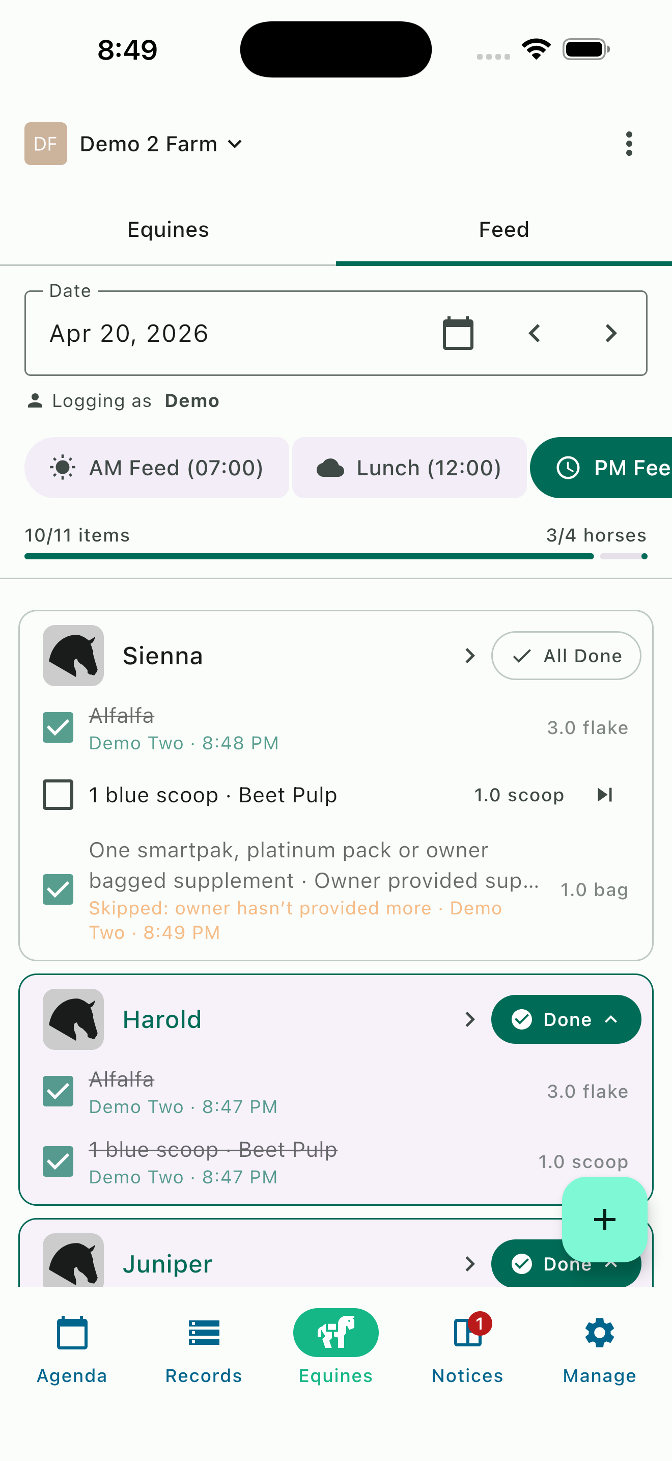HayNet daily barn feed schedule showing multiple horses with feed item check-off, progress tracking, and out-of-stock supplement skip handling
