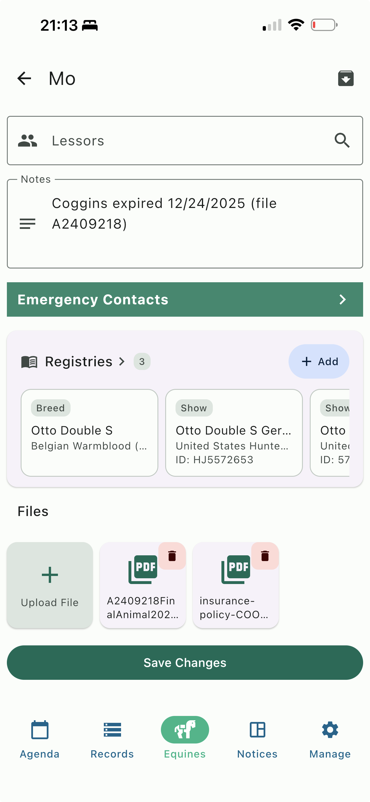 HayNet horse profile showing the Files section with PDF attachments for a Coggins test and an insurance policy alongside Lessors, Notes, Emergency Contacts, and Registries