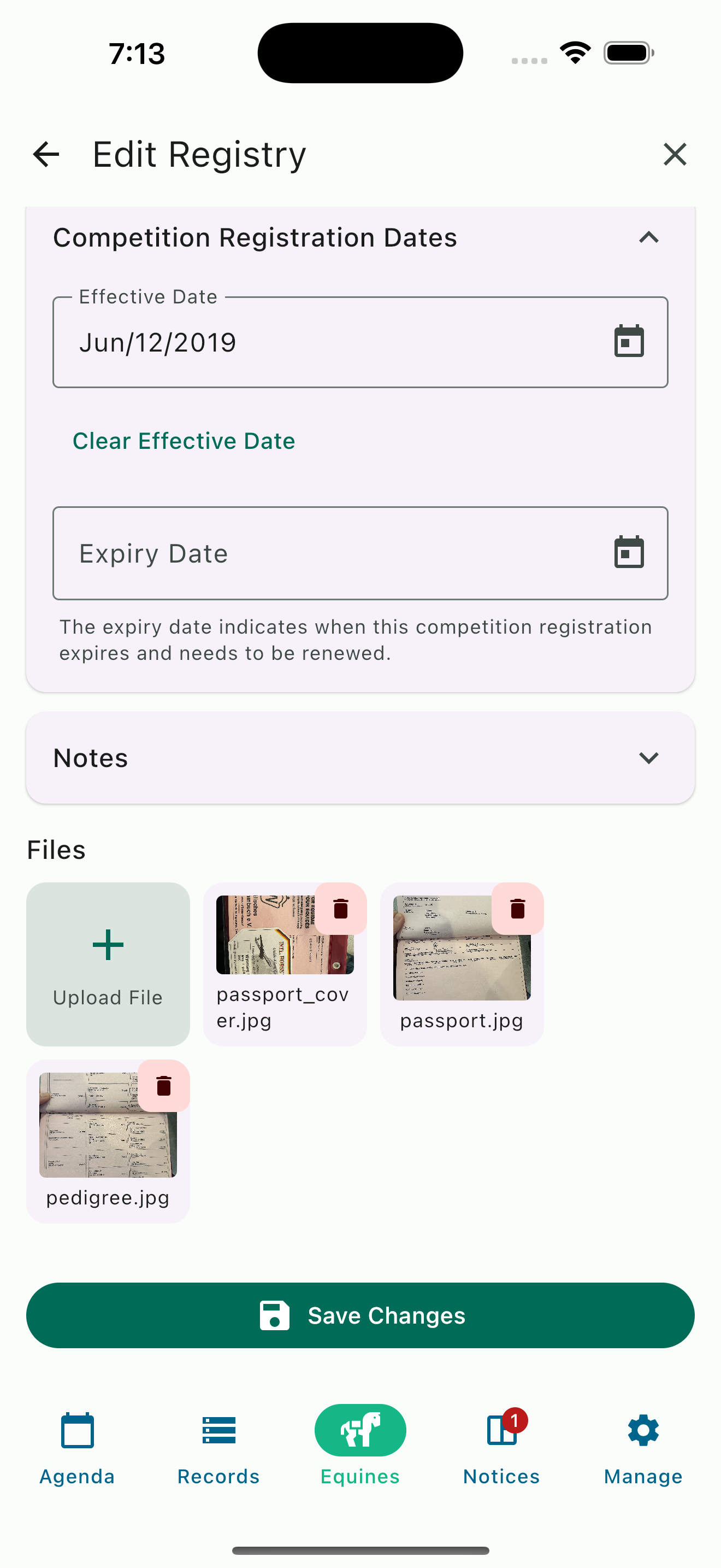 HayNet edit registry screen showing competition registration dates and a Files section with attached passport cover, passport, and pedigree images